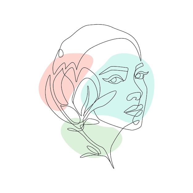 Cara de mujer con flor en un dibujo de línea continua Retrato femenino abstracto en estilo lineal simple con motivo floral de magnolia Ilustración vectorial con colores de forma libre para logotipo y arte de pared