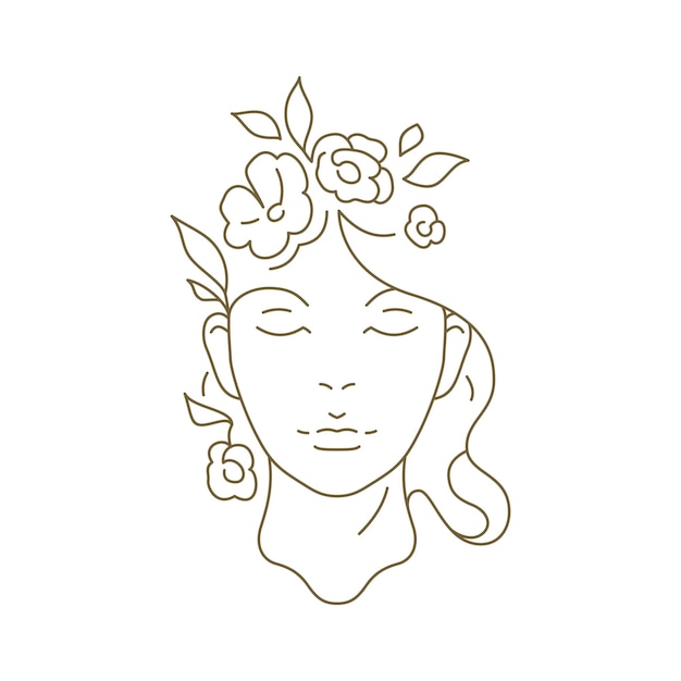 Cara de mujer floral elegante con peinado de flor logotipo de arte de línea continua para ilustración vectorial de cosmetología Flor romántica retrato femenino flor botánica emblema mínimo cuidado de la piel cosmética orgánica