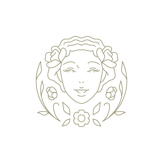 Cara de mujer floral elegante con planta en flor ilustración vectorial de logotipo lineal dorado