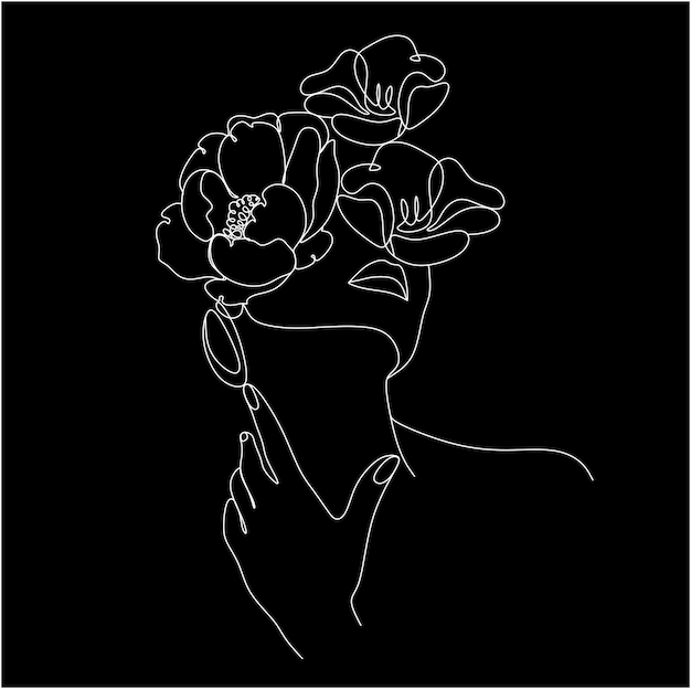 Cara de mujer con flores Arte de línea Logotipo de cara femenina lineal