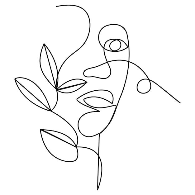 cara de mujer y flores cabeza arte de una sola línea continuo dibujo de una línea de vector de contorno aislado