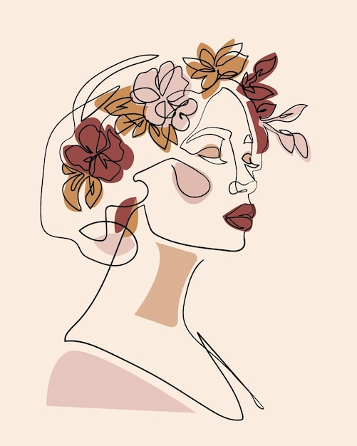 Cara de mujer con flores en su línea de cabello dibujo arte ilustración vectorial