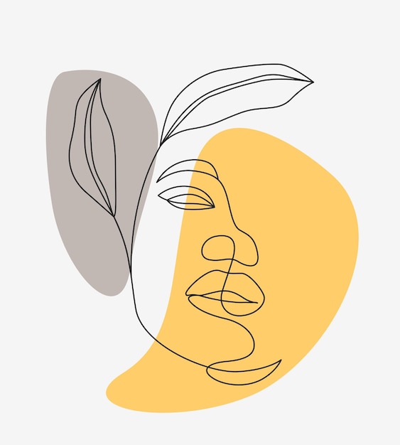 Cara de mujer y hojas en estilo de arte lineal
