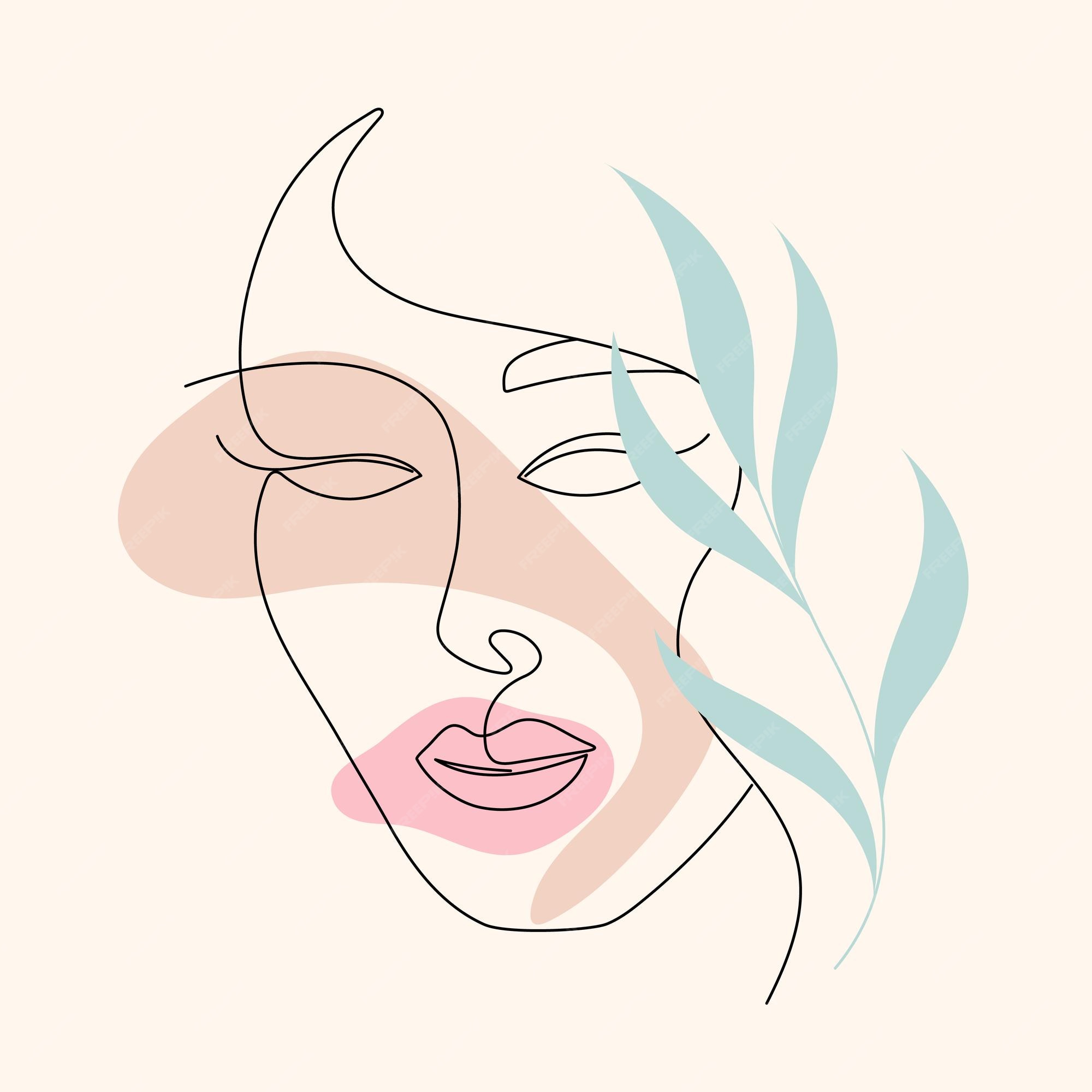 Cara de mujer de línea de póster abstracto con hoja estilo de dibujo de una  línea | Vector Premium