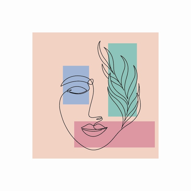 Vector cara de mujer de línea de póster abstracto con hoja estilo de dibujo de una línea