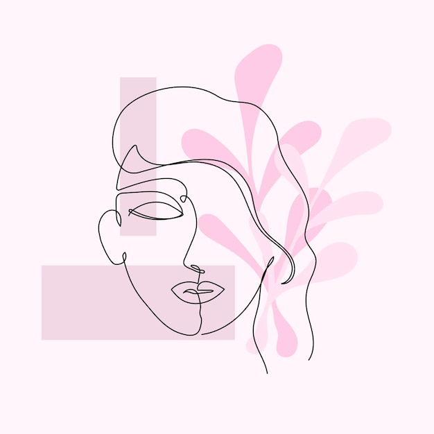 Vector cara de mujer de línea de póster abstracto con hojas y formas geométricas estilo de dibujo de una línea