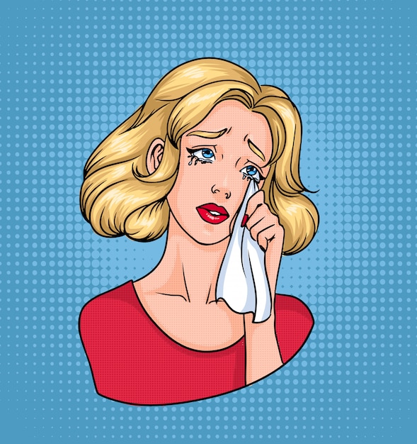 Vector cara de mujer llorando triste rubia limpiando las lágrimas con pañuelo. ilustración colorida de los cómics en estilo pop art.