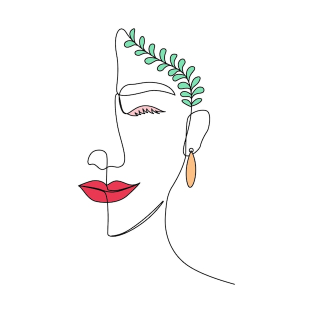 Cara de mujer mínima con hoja continua dibujo artístico de una línea stock de ilustración