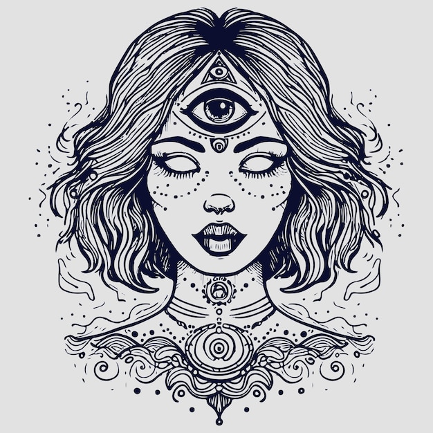 Vector cara de mujer wiccan y oculta con chakras del tercer ojo y arte conceptual de espiritualidad vector de tatuaje