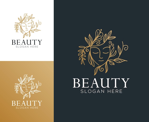 La cara de las mujeres combina el logotipo de flores y ramas para el cuidado de la piel y la cosmética del spa del salón de belleza