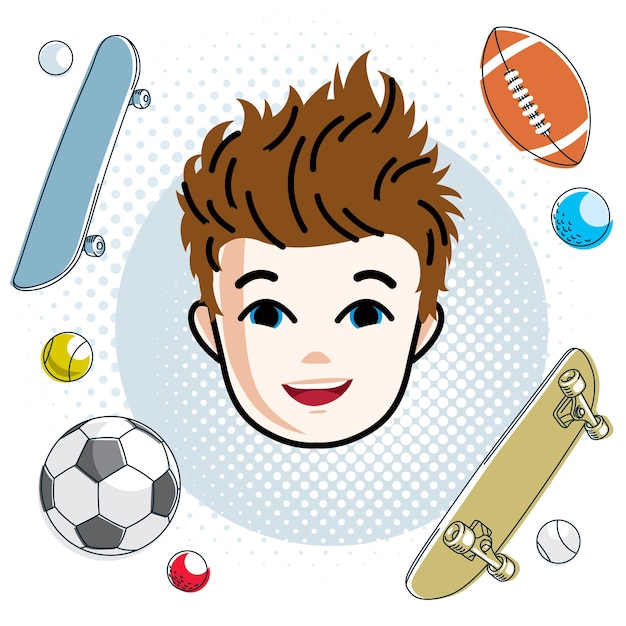 Vector cara de niño, cabeza humana. carácter vectorial, feliz adolescente pelirrojo con corte de pelo elegante. tema de juegos de deportes de equipo.