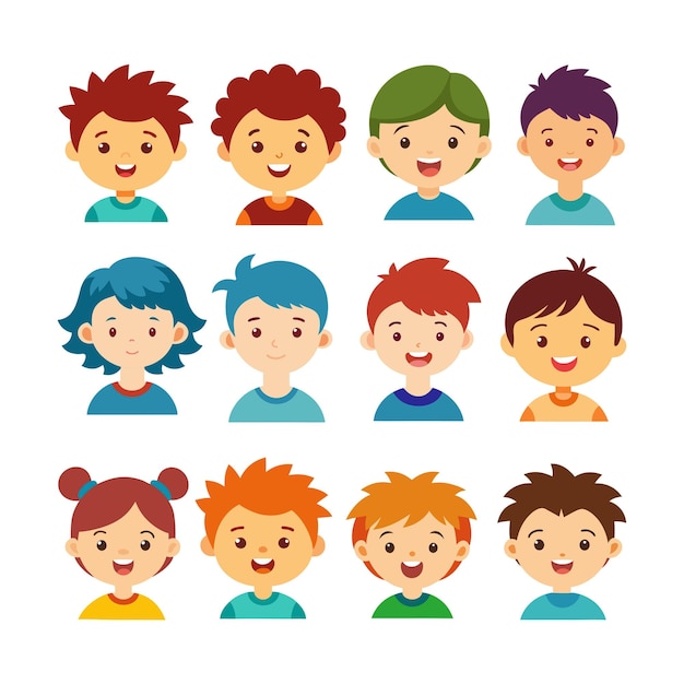 cara de niños de dibujos animados sonrientes con diferentes cabellos y personajes de caricaturas de fondo blanco