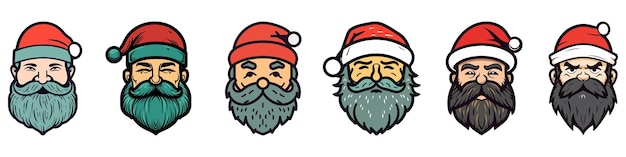 Cara de Papá Noel con barba y bigote Conjunto de iconos de Navidad Cabeza de dibujos animados lindo de Santa