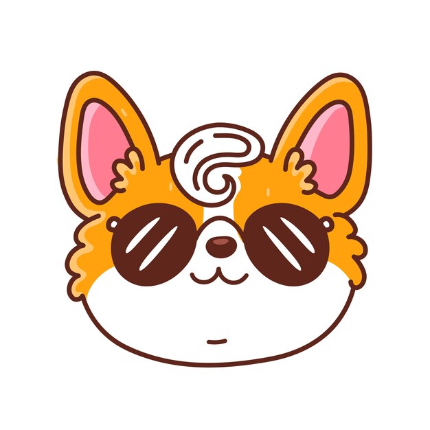 Cara de perro corgi feliz lindo en gafas de sol. icono de personaje de dibujos animados kawaii.