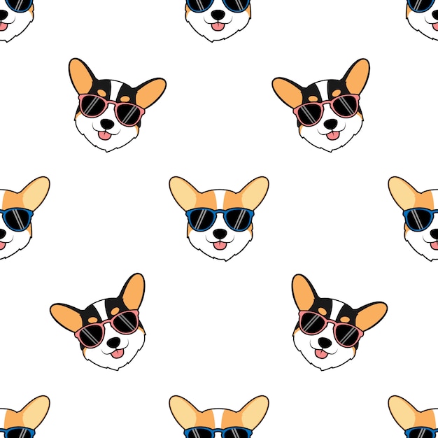 Cara de perro lindo corgi con patrones sin fisuras de dibujos animados de gafas de sol