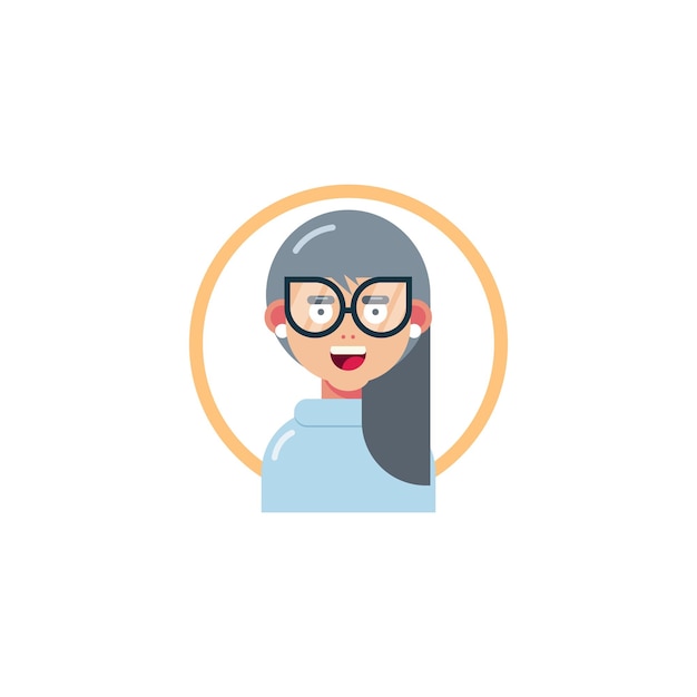 Cara de personaje de dibujos animados plana de una mujer con gafas y un suéter azul