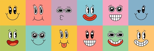 Cara de personaje sonriente de estilo de dibujos animados en fondo cuadrado colorido emoji de diferentes emociones