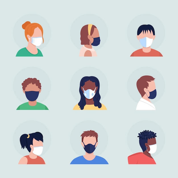Cara que cubre avatar de carácter vectorial de color semi plano con conjunto de máscara. Retrato con respirador de vista frontal y lateral. Ilustración de estilo de dibujos animados moderno aislado para diseño gráfico y paquete de animación