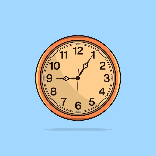 Cara de reloj redonda caricaturesca que muestra las nueve y cinco en punto aisladas sobre fondo azul claro.