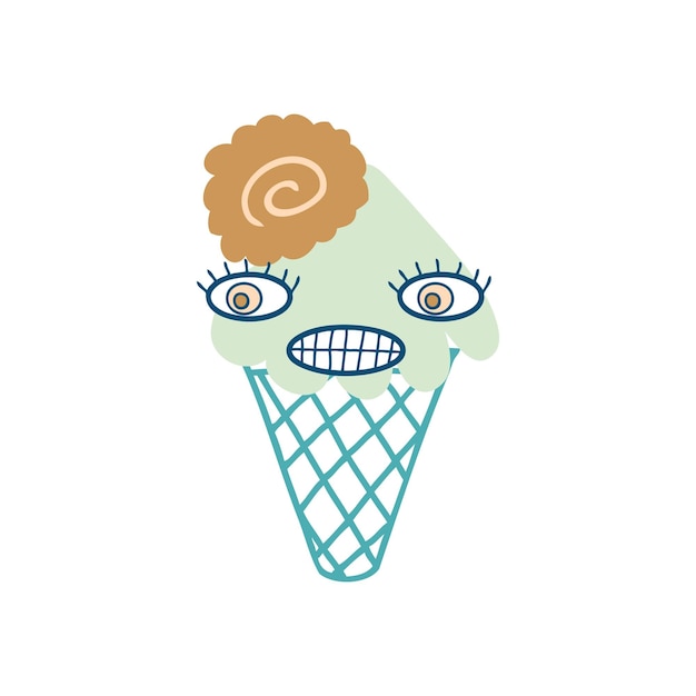 Cara de risita loca personaje de cono de helado de menta con galleta de chocolate Impresión perfecta para el cartel de la etiqueta engomada de la camiseta Ilustración vectorial de dibujos animados para la decoración y el diseño