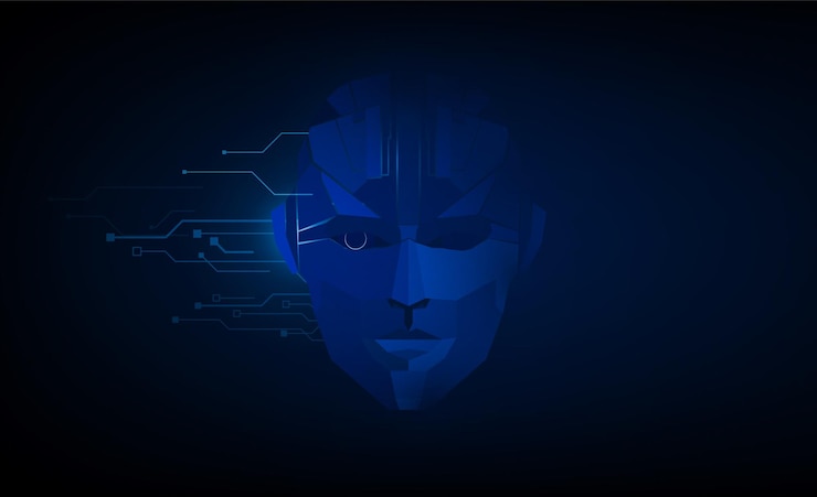 Vector cara de robot de cara de inteligencia artificial abstracta combinada con diseño de vector de fondo de innovación de concepto de aprendizaje de máquina de circuito electrónico