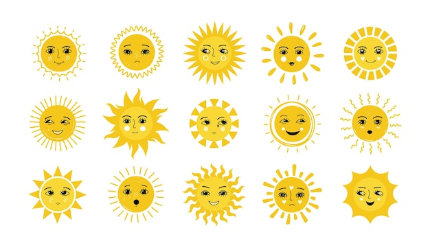 Cara de sol doodle sonrisas amarillas con rayos de sol conjunto de emoji feliz y triste aislado pegatinas divertidas de clima soleado formas redondas dibujadas a mano elementos gráficos de puesta de sol o amanecer de dibujos animados vectoriales