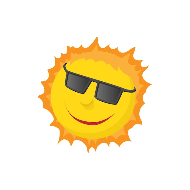Cara de sol con icono de gafas de sol en estilo de dibujos animados sobre un fondo blanco