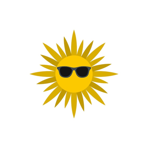 Cara de sol con icono de gafas de sol en estilo plano sobre un fondo blanco