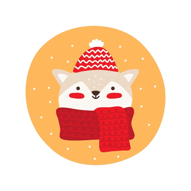 Vector cara sonriente un gato para navidad y año nuevo personaje de gatito lindo de dibujos animados en sombrero de invierno y bufanda animal de mascota divertido aislado sobre fondo blanco ilustración plana de vector colorido infantil