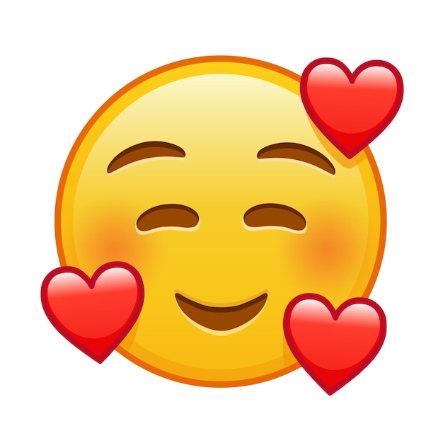 Cara sonriente con ojos sonrientes y tres corazones Gran tamaño de emoji amarillo sonrisa