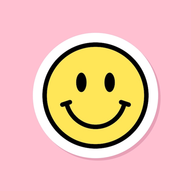 Cara sonriente pegatina símbolo amarillo con contorno negro linda sonrisa pegatina sobre fondo rosa elemento de diseño de vector estético maravilloso