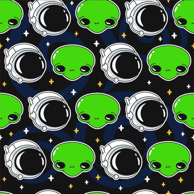 Cara de sonrisa alienígena feliz divertida linda y astronauta en el patrón sin fisuras del cosmos. Diseño de ilustración de dibujos animados vector kawaii. Extranjero de dibujos animados lindo, ovni, astronauta, cosmos, universo, concepto de patrón espacial sin fisuras