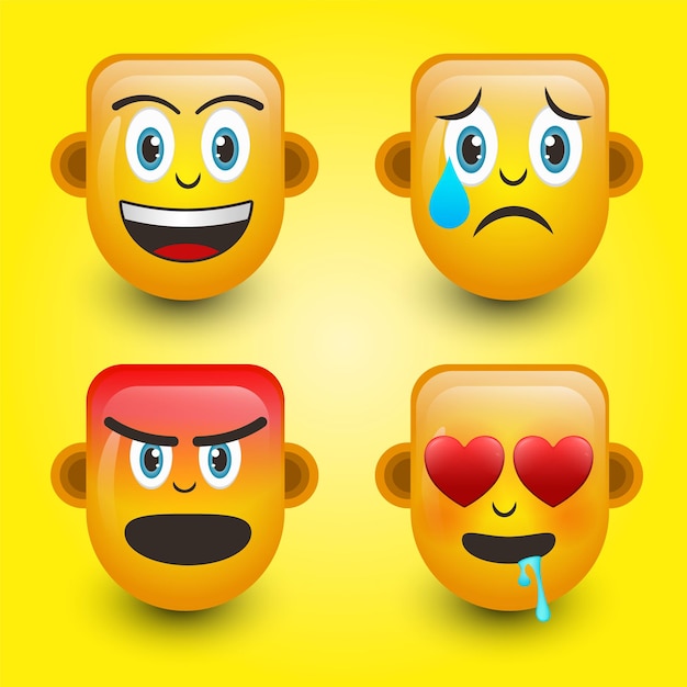 Vector cara de sonrisa linda cara triste cara enojada y emoticón de enamoramiento aislado sobre fondo amarillo