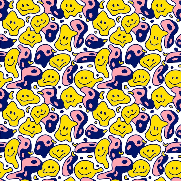 Cara de sonrisa ondulada deformada psicodélica y patrón sin fisuras de Yin Yang. Vector mano dibujada línea doodle fondo de pantalla de ilustración de dibujos animados. Impresión lsd trippy, Yin Yang, concepto de patrones sin fisuras de cara de sonrisa