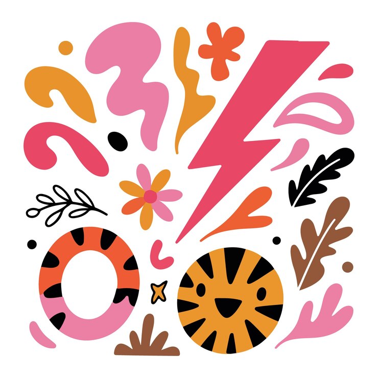 Vector cara de tigre divertida y caprichosa con formas abstractas y elementos florales