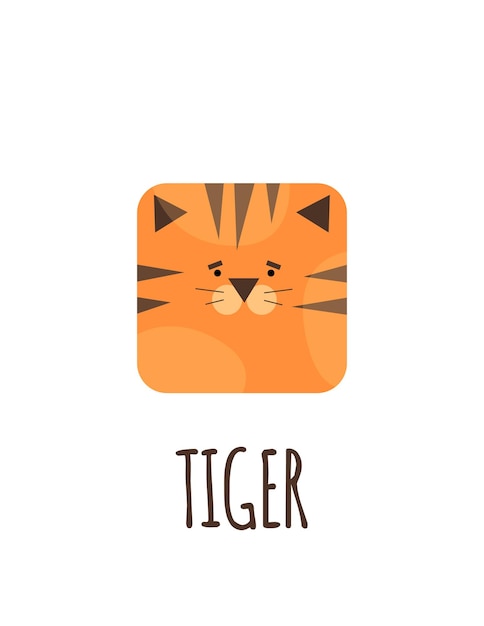 Cara de tigre en estilo de dibujos animados plana con letras