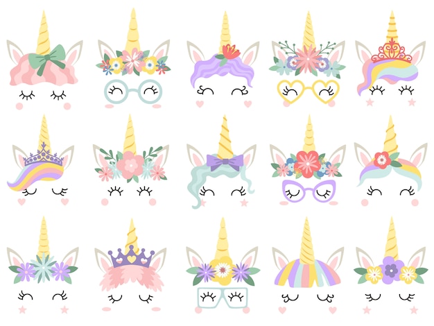 Cara de unicornio Hermosas caras de unicornios de pony, cuerno mágico en guirnalda de flores de arco iris y pestañas lindas conjunto de ilustración vectorial