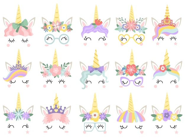 Cara de unicornio hermosas caras de unicornios de pony, cuerno mágico en guirnalda de flores de arco iris y pestañas lindas conjunto de ilustración vectorial