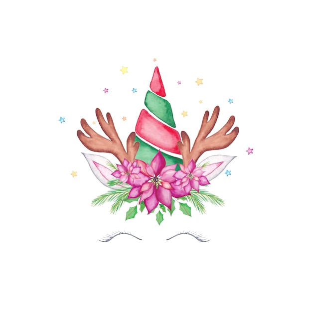 Cara de unicornio de Navidad acuarela. Cabeza de unicornio de renos de dibujos animados acuarela con árbol de Navidad, flor de nochebuena, corona de acebo y astas.