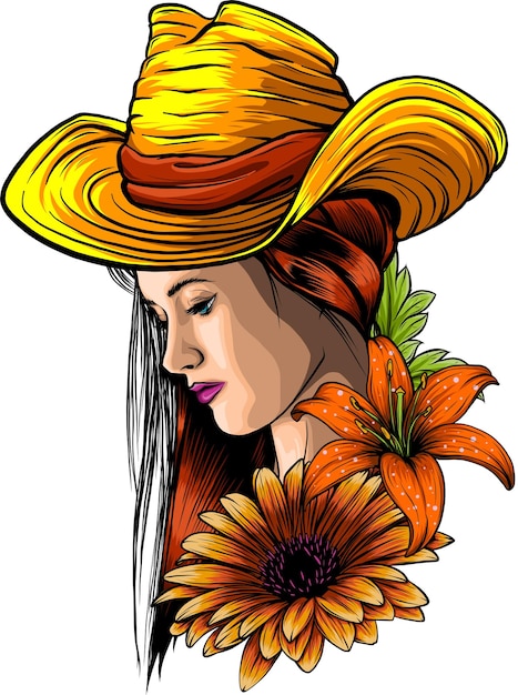 Vector cara de vaquera con sombrero