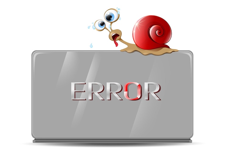 Vector caracol cansado en la computadora portátil con error