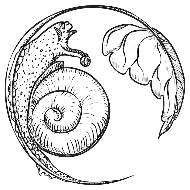 Vector caracol con concha arrastrándose en un tallo con forma de luna creciente hambriento de hojas frescas