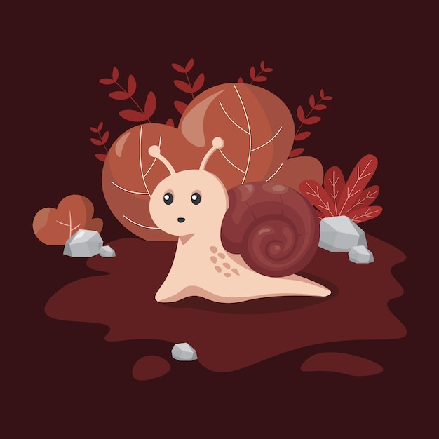 Vector caracol de diseño plano con fondo de arbusto