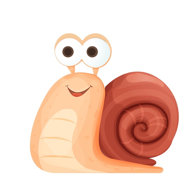 Caracol divertido personaje alegre y sonriente con concha en estilo de dibujos animados