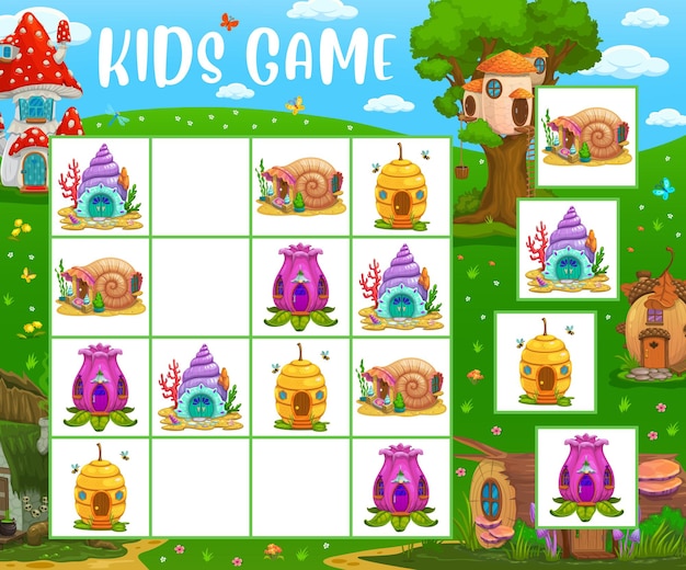 Caracol juego de Sudoku, conchas marinas, colmenas y casas de hadas de setas, acertijo de mesa vectorial. Juego de mesa de rompecabezas Sudoku con casas de dibujos animados o gnomo, enano o elfo de cuento de hadas en tocón de árbol y flor