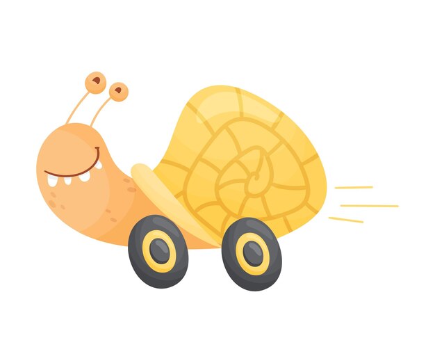 Vector caracol rápido con ruedas ilustración vectorial de dibujos animados concepto de carreras de animales rastreros rápidos