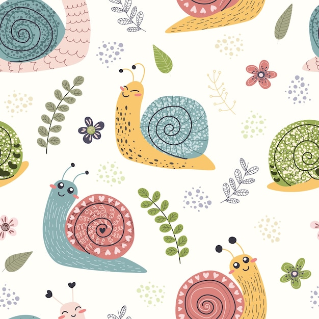 Caracoles lúdicos para el diseño textil impresión animal alegre ilustración vectorial de patrón sin costuras