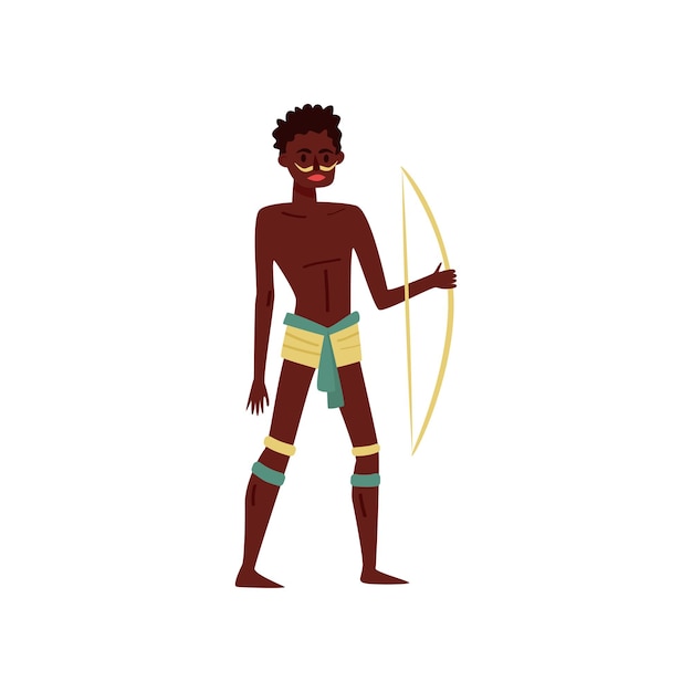 Vector carácter aborigen africano en ropa nacional tradicional disparando un arco vector ilustración sobre un fondo blanco