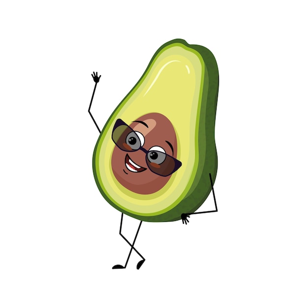 Carácter de aguacate con emoción feliz con gafas, cara alegre, ojos sonrientes, brazos y piernas. Persona con expresión, emoticono de vegetales o frutas. Ilustración plana vectorial