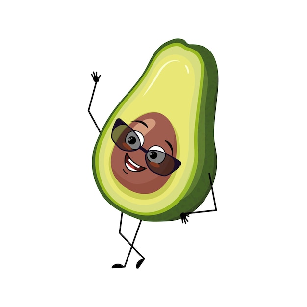 Carácter de aguacate con emoción feliz con gafas, cara alegre, ojos sonrientes, brazos y piernas. persona con expresión, emoticono de vegetales o frutas. ilustración plana vectorial